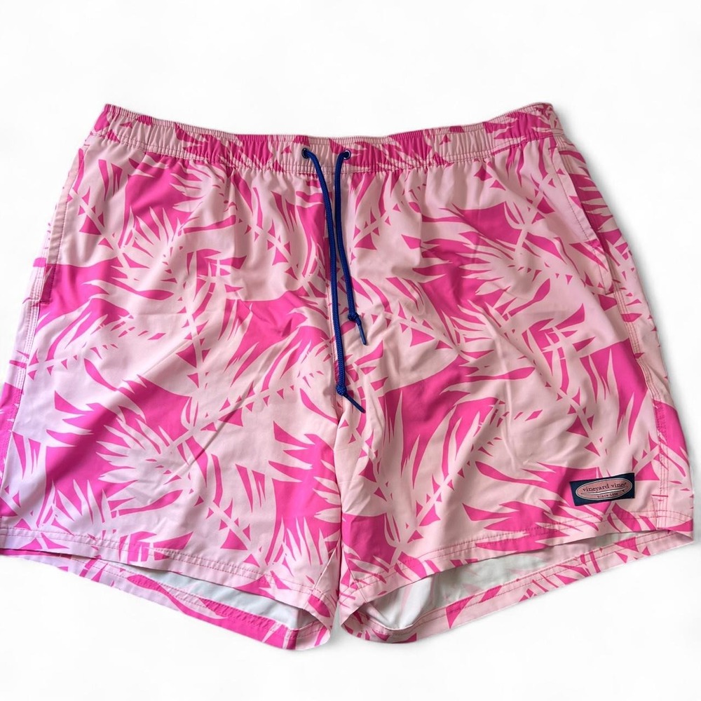 Vineyard Vines pink palm leaf print swim trunks in size 3XB